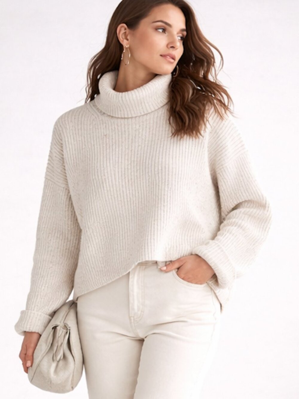 Marine Layer Ribbed Turtleneck Sweater Cream Oversized Cropped Cozy Neutral Knit